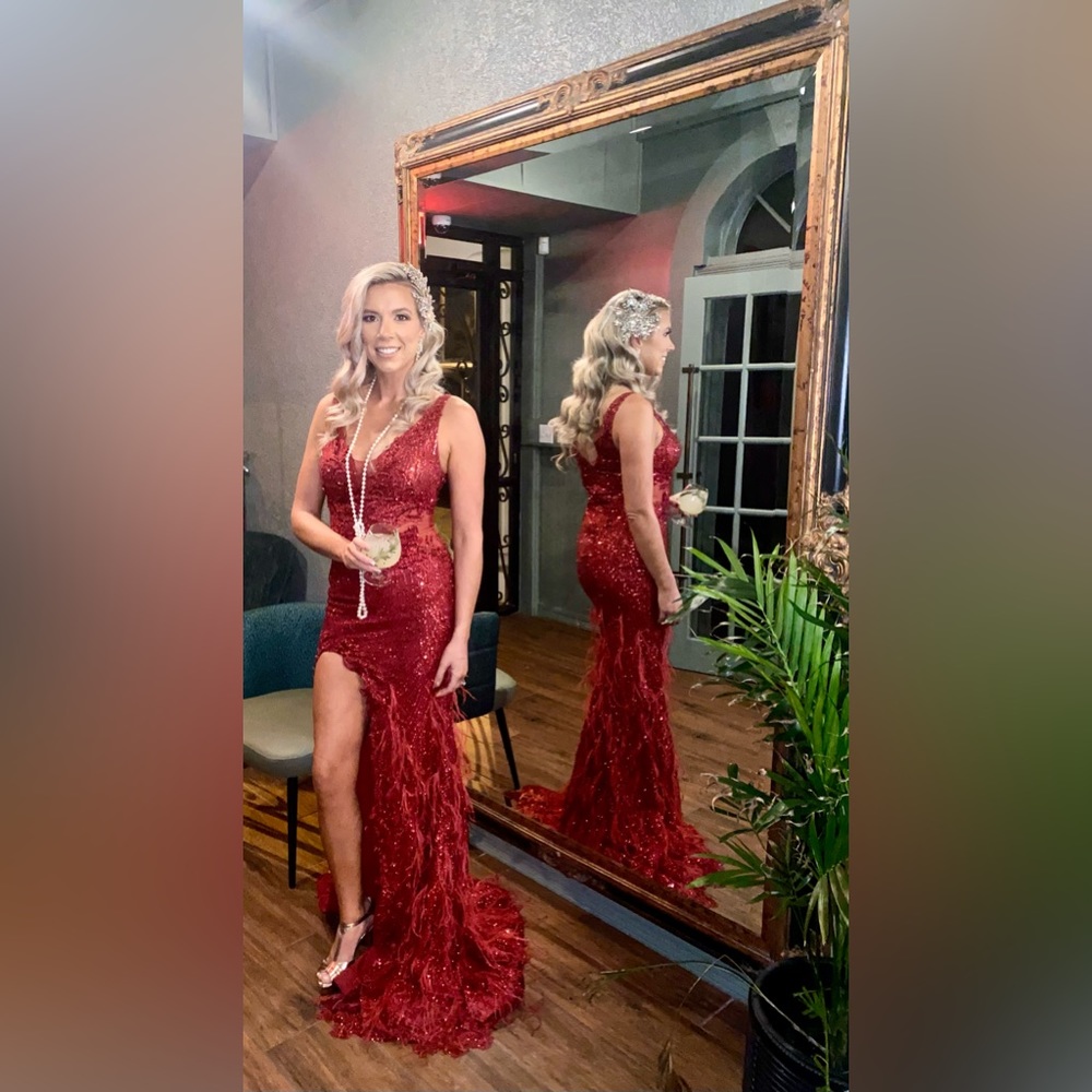 Portia and Scarlett red sequin feather gown